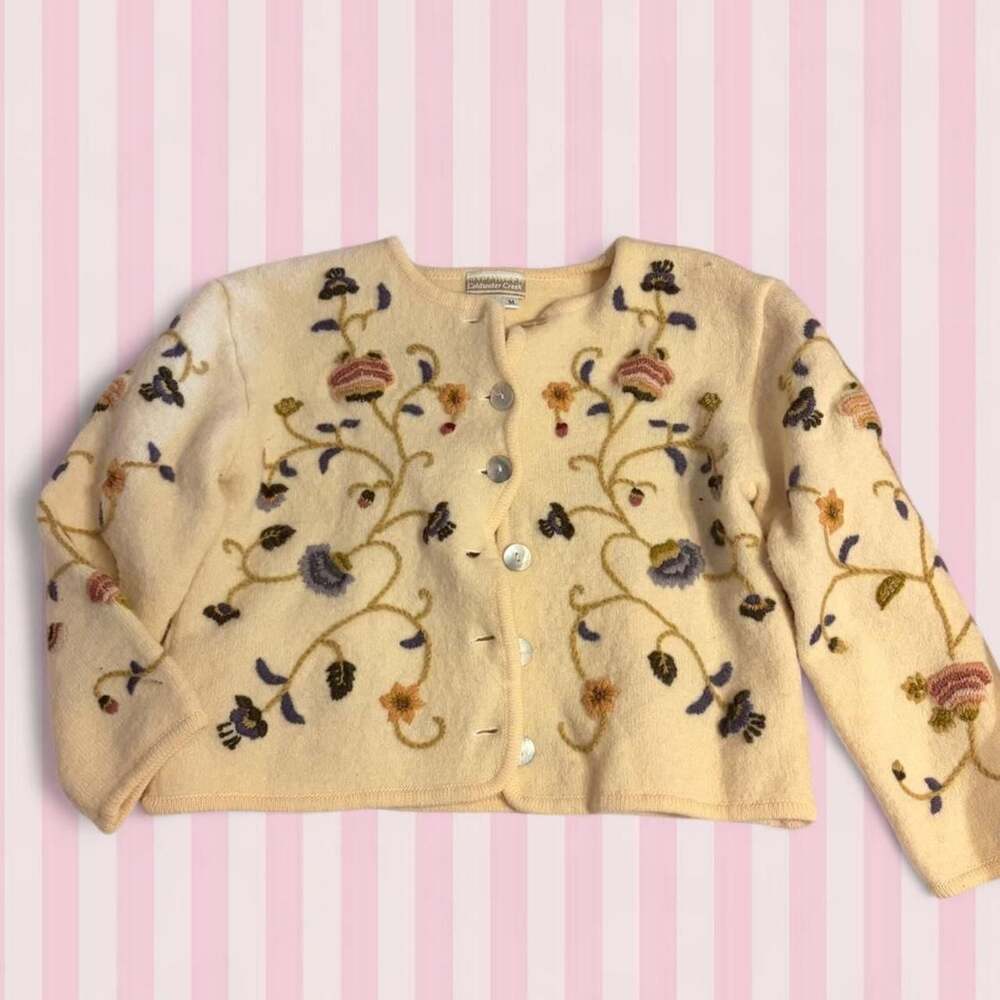 Coldwater Creek Floral Embroidered Wool Cardigan Cream Size M